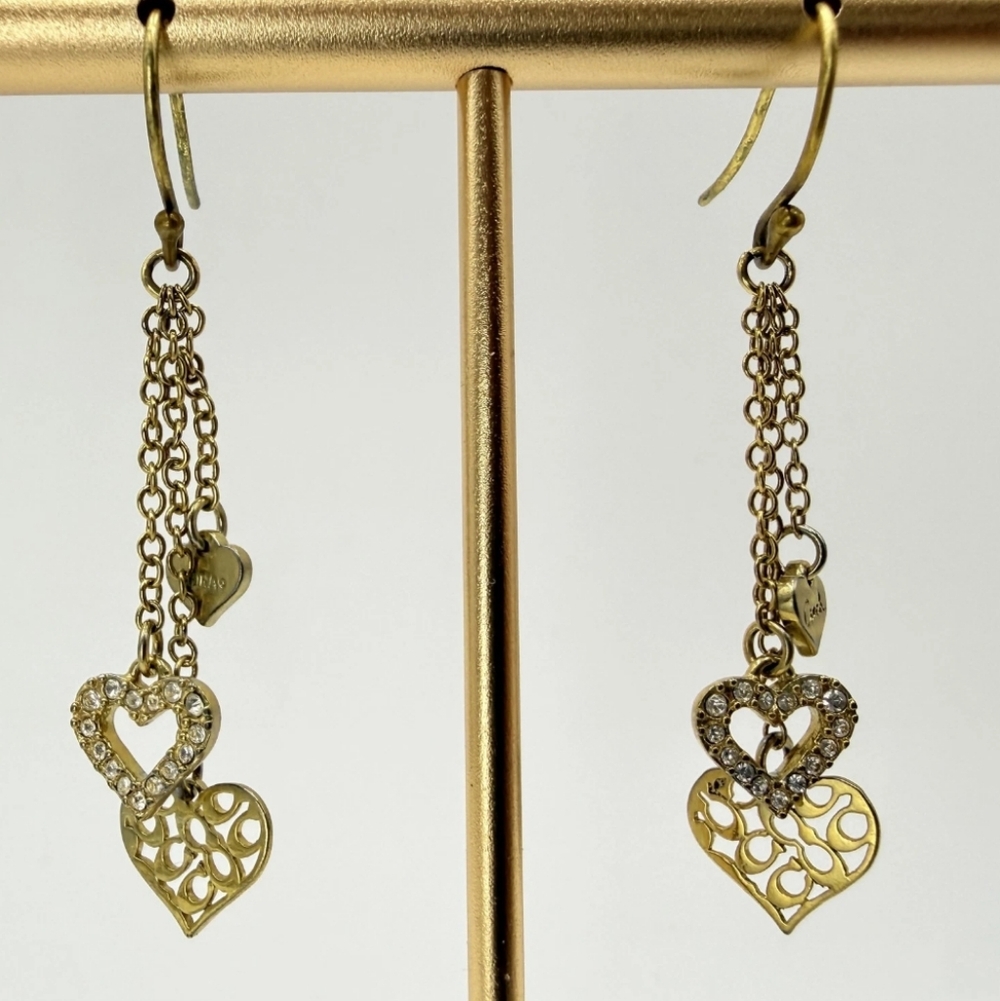 Coach Brass Vintage Gold Rare! Triple Heart Drop Earrings with Crystal Accents